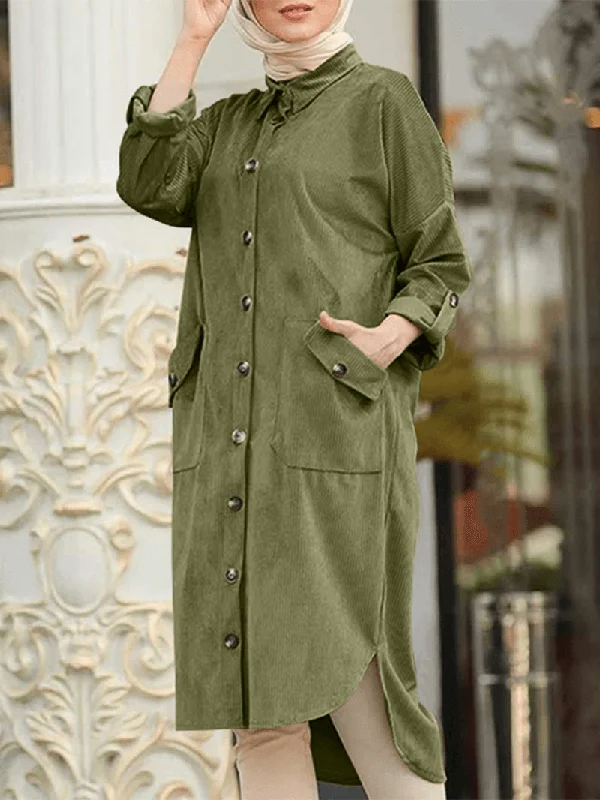 minimalistic dressWomen Corduroy Solid Moslem Style Collared Raglan Button Front High Low Dress