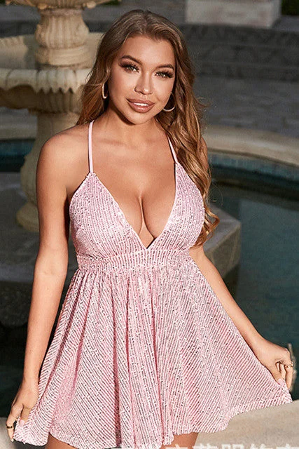 romantic dressPink Sequins V-Neck Crisscross Back Short Cocktail Dress