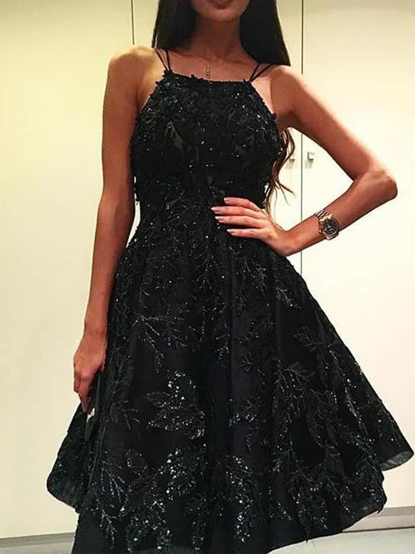 Online Only Sparkly Black Beading Lace Spaghetti Strap Backless Homecoming Dresses AN1205 Online Only Sparkly Black Beading Lace Spaghetti Strap Backless Homecoming Dresses AN1205
