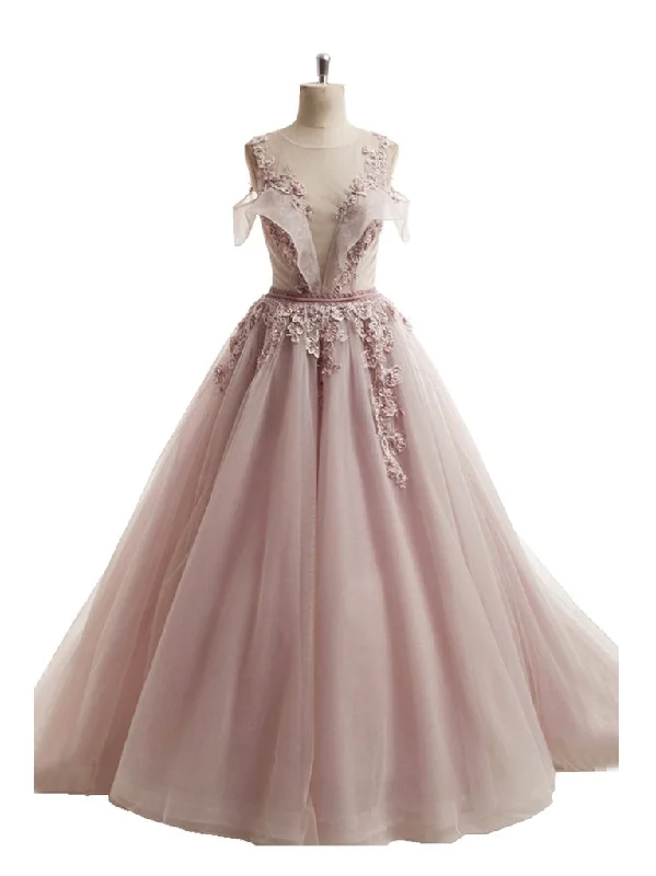 Exclusive Savings Ball Gown Prom Dresses Scoop Brush Train Appliques Fairy Dress Tulle Prom Dress JKL738