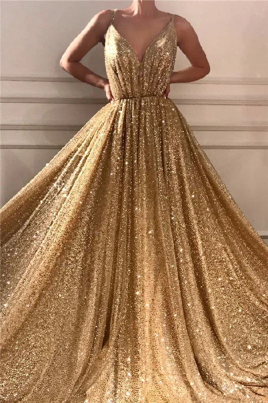 Super Bargain Gorgeous Sequins Spaghetti Straps Long Prom Party Gowns| Sparkle V-neck Sleeveless Gold Prom Party Gowns