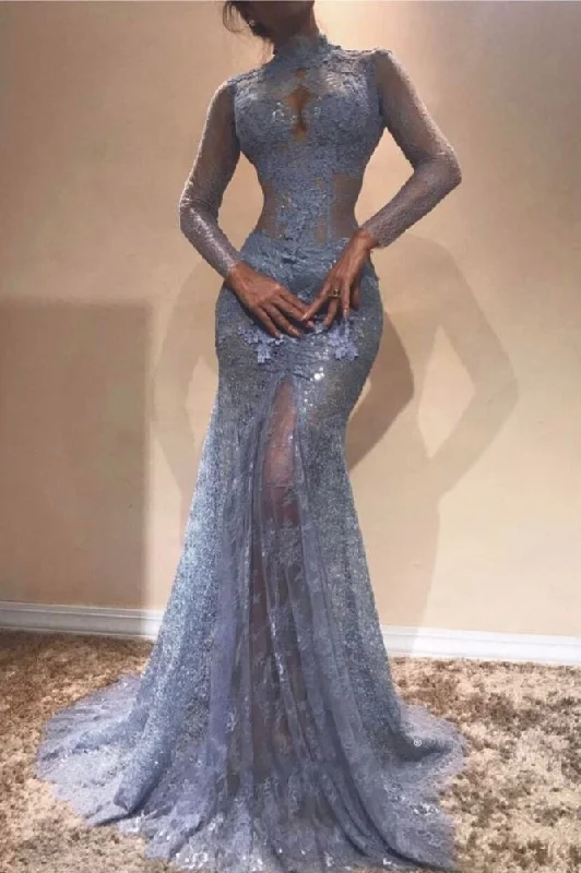 Factory Direct Sale High Neck Long Sleevess Lace Appliques Mermaid Prom Dresses