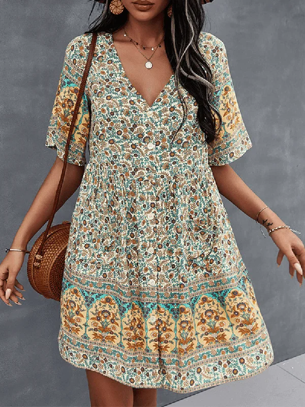 printed dressBohemia Floral Ethnic V-Neck Button Short Sleeve Print Dress