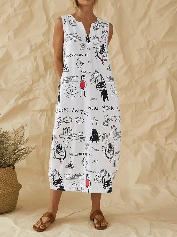 oversized dressCartoon Fun Graffiti Print Sleeveless V-Neck Casual Dress with Pocket