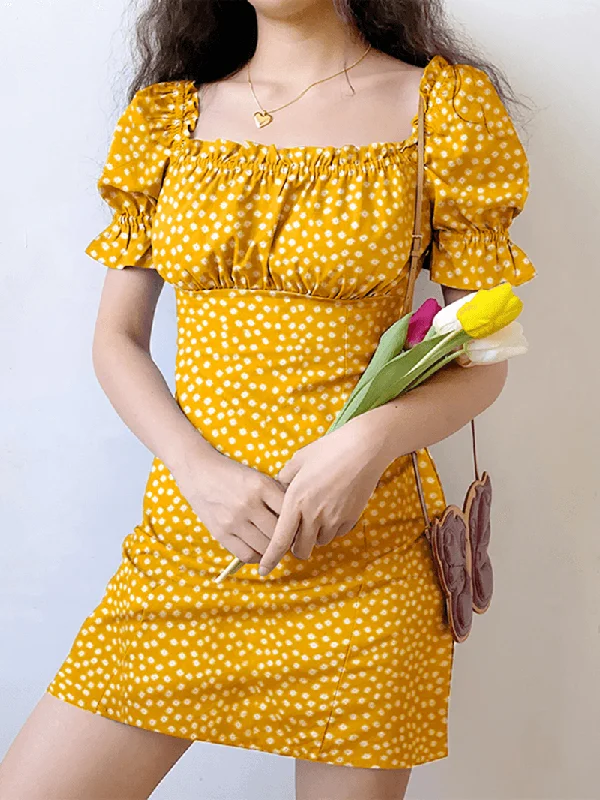 party dressFloral Print Square Collar Pleating Short Sleeve Mini Dress