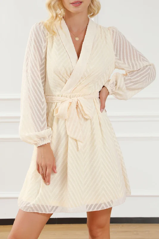 Instant Discount Apricot V Striped Sheer Puff Sleeve Surplice Knot Mini Dress