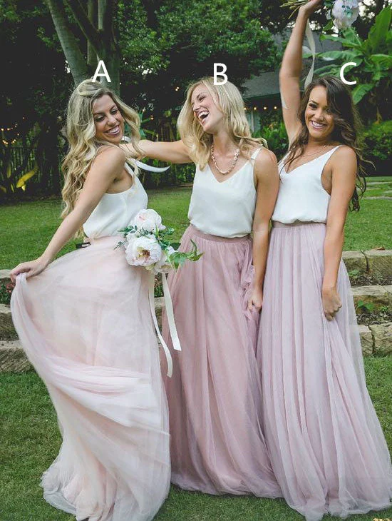 ruched dressGorgeous Two Piece Pink Tulle Long Bridesmaid Dress with White Top