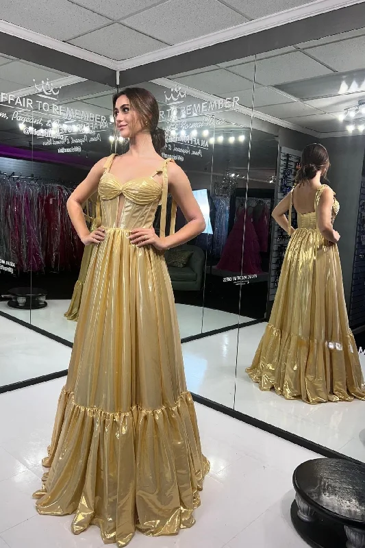 winter dressBow Straps Gold Metallic A-line Long Formal Dress