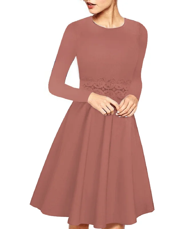 modern dressWomen Elegant Long Sleeve Lace Patchwork Midi a Line Dress