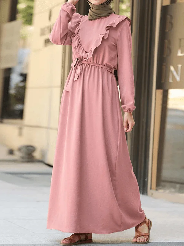 chic dressWomen Ruffle Trims Lace-Up Solid Color O-Neck Casual Long Sleeve Maxi Dress