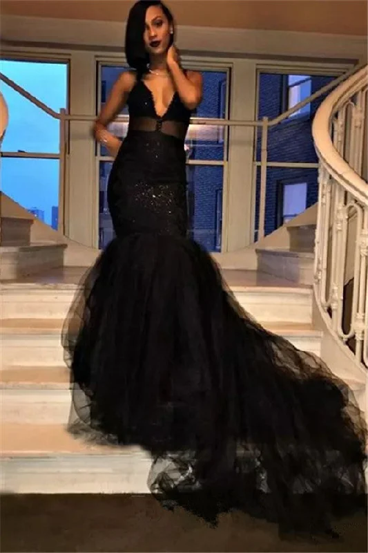 Act Now Chic V-Neck Mermaid Black Prom Dresses Tulle Sequins Evening Gowns