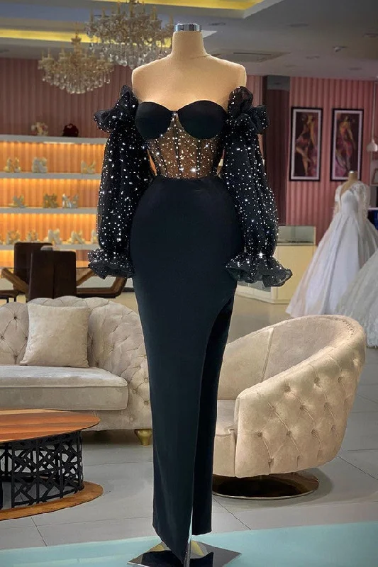 Special Savings Black Long Sleeves Prom Dress Sheath Sweetheart With Beads