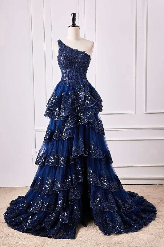 modern dressDark Navy One Shoulder Floral Layers A-line Long Prom Dress with Slit