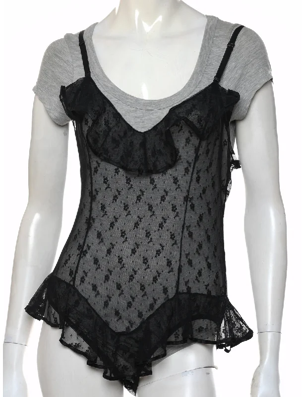 lightweight coatBlack Sheer Lace Bodysuit - M