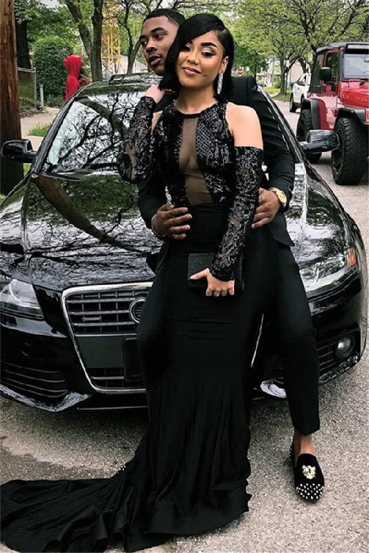 Limited Availability Wholesale Black Fit and Flare Prom Dresses On Sale Appliques Beading Evening Dress with Sleeves Limited Availability Wholesale Black Fit and Flare Prom Dresses On Sale Appliques Beading Evening Dress with Sleeves