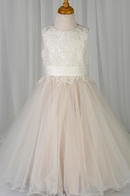 one-shoulder dressBlush Pink Sleeveless Appliques Long Flower Girl Dress with Bow Tie back Sash