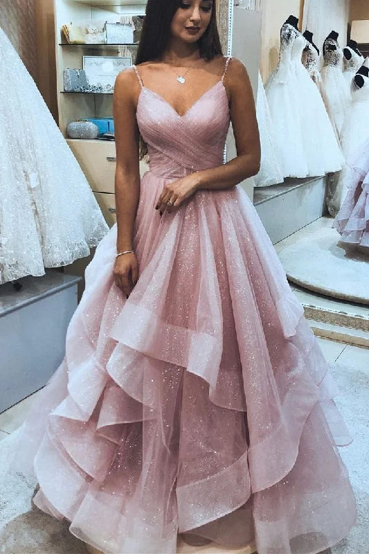 mini dressGlitter Pink Ruffled Long Prom Dress