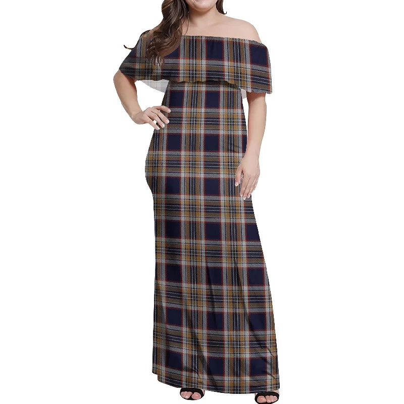 Crazy Deals Stewart Navy Tartan Off Shoulder Long Dress