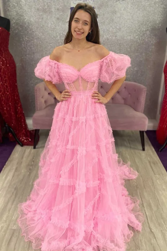 Great Deals sleek dressPrincess Pink Off-the-Shoulder A-Line Prom Dress with Ruffles Great Deals sleek dressPrincess Pink Off-the-Shoulder A-Line Prom Dress with Ruffles