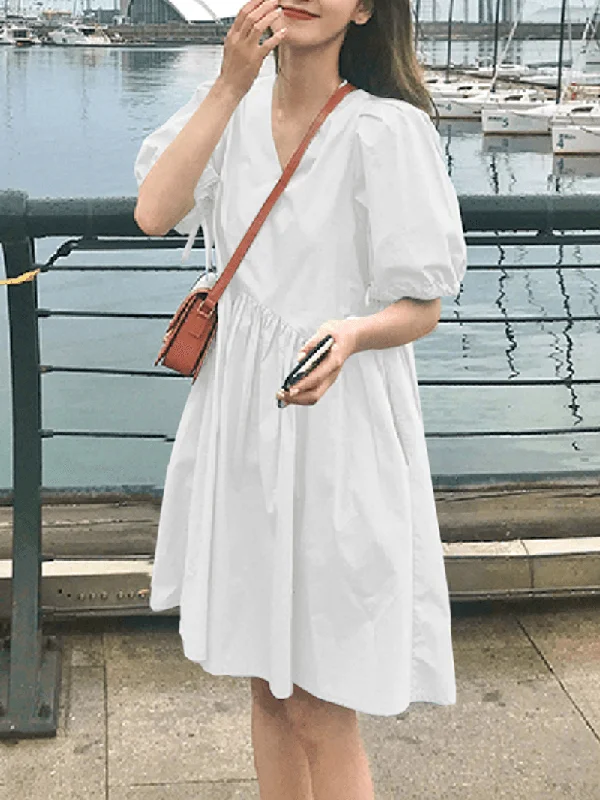 form-fitting dressWomen Solid Color Puff Sleeve V-Neck Pleats Plain Daily Casual Midi Dress