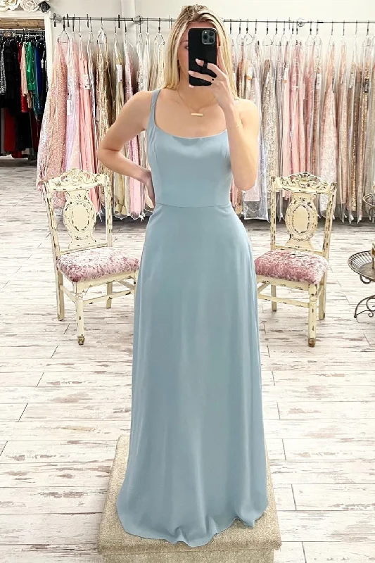 structured dressDusty Blue Satin Scoop Neck Long Prom Dress