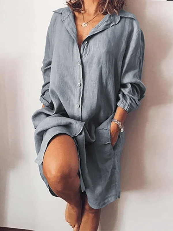 fitted dressWomen Loose Casual Long Sleeve V-Neck Button Pocket Shirt Dress