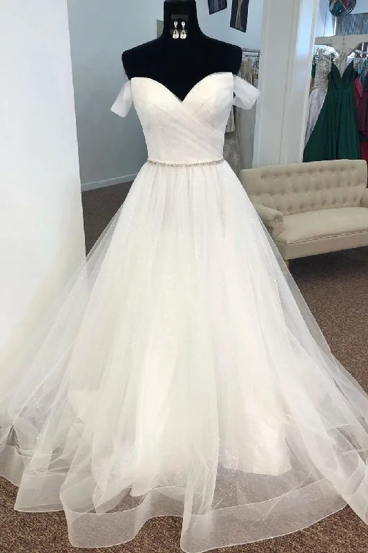 one-shoulder dressOff the Shoulder Pleated Wedding Dress with Beaded Waist