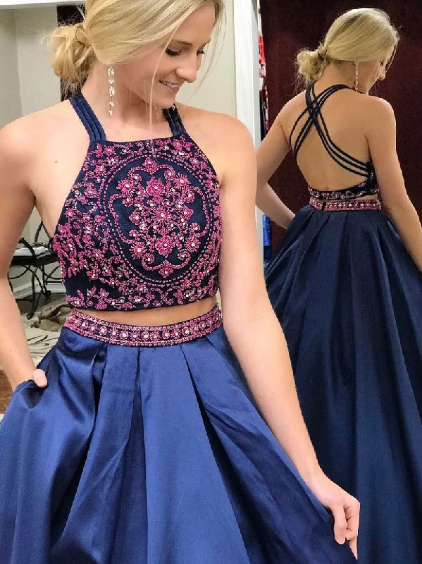 Price Rollback Two Piece Prom Dresses Halter Floor-length Long Navy Prom Dress Sexy Evening Dress JKS293