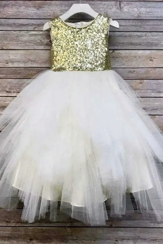 v-neck dressGold & White Sequins Tutu Girl Party Dress