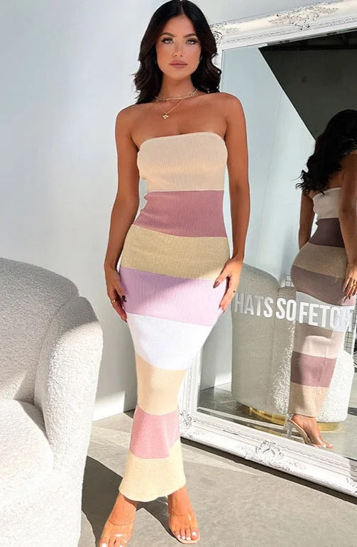 bohemian dressLinda Contrast Colors Strapless Knit Midi Dress