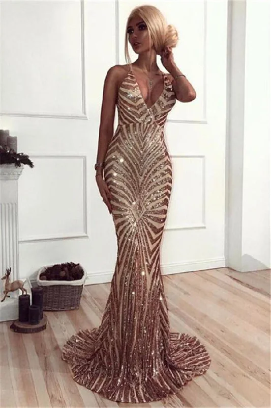 Huge Discounts Chic V-Neck Mermaid Prom Party Gowns| Sequins Long Evening Dress