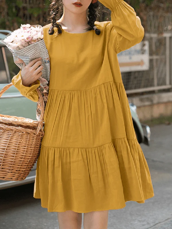 backless dressWomen Cotton Solid Color Pleats O-Neck Long Sleeve Casual Dress