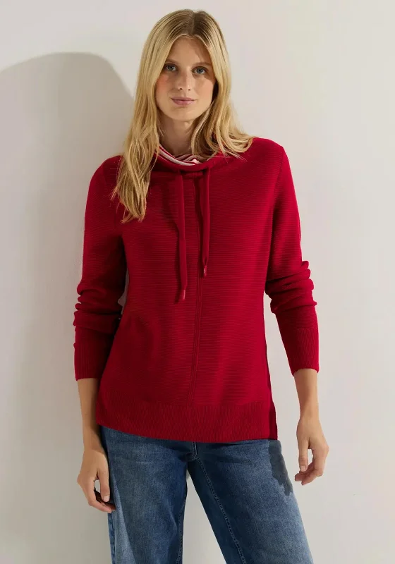 trendy hooded sweatshirttrendy hooded sweatshirtCecil Drawstring Neckline Ribbed Sweater, Casual Red