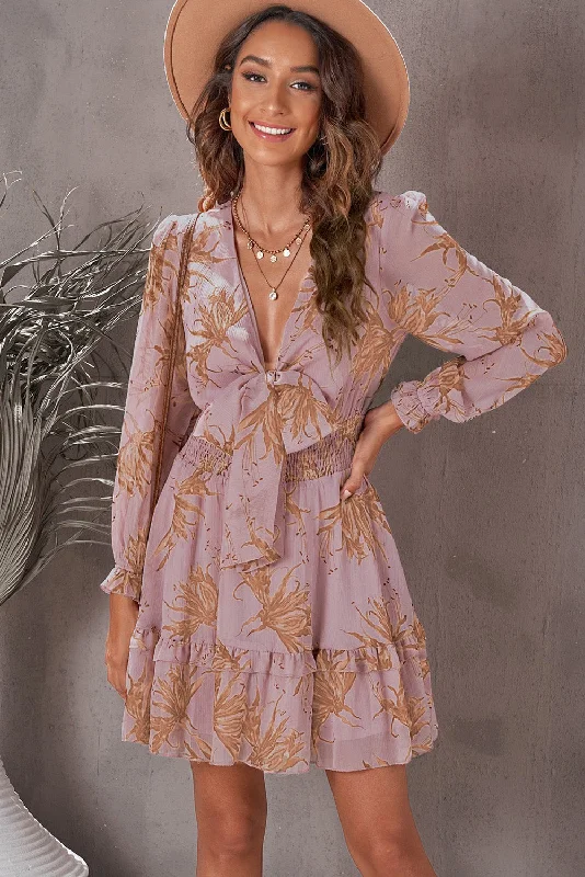 formal dressFloral Deep V Flounce Sleeve Mini Dress