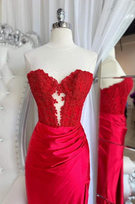 midi dressSweetheart Red Sequin Ruched Satin Long Formal Dress