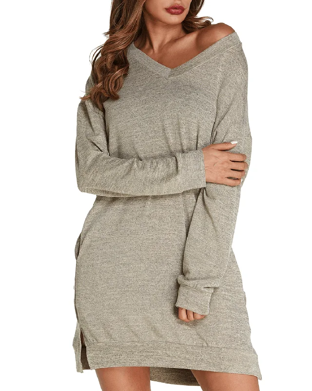 wrap-around dressWomen Long Sleeve Side Split Loose Casual Pullover Sweatshirt Dress with Pockets