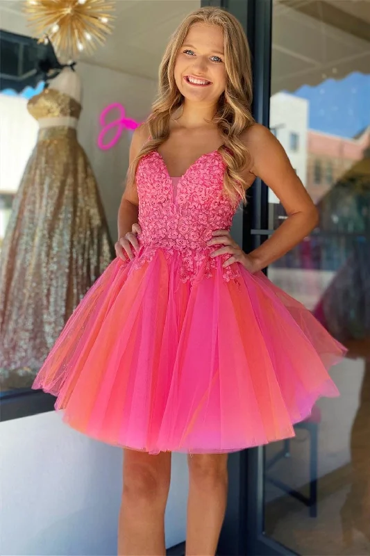 Discount Deals casual day dressHot Pink V Neck Straps Appliques Tulle Homecoming Dress Discount Deals casual day dressHot Pink V Neck Straps Appliques Tulle Homecoming Dress