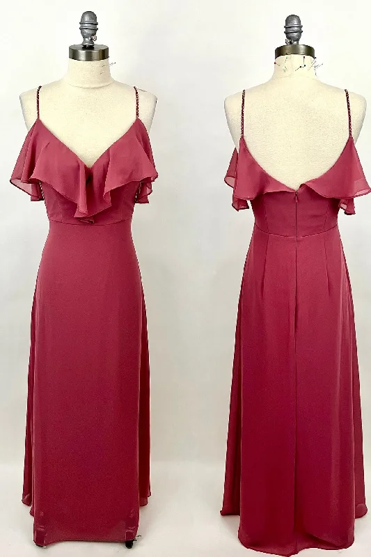 Mega Sale casual slip dressStraps Wine Red Chiffon Flounce Long Bridesmaid Dress