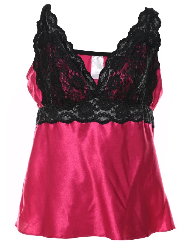 high-quality coatContrast Pink & Black Lace Trim Silky Babydoll - M