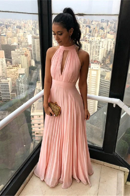 Act Fast Simple High neck Chiffon Keyhole Sleeveless Candy pink Prom Party Gowns