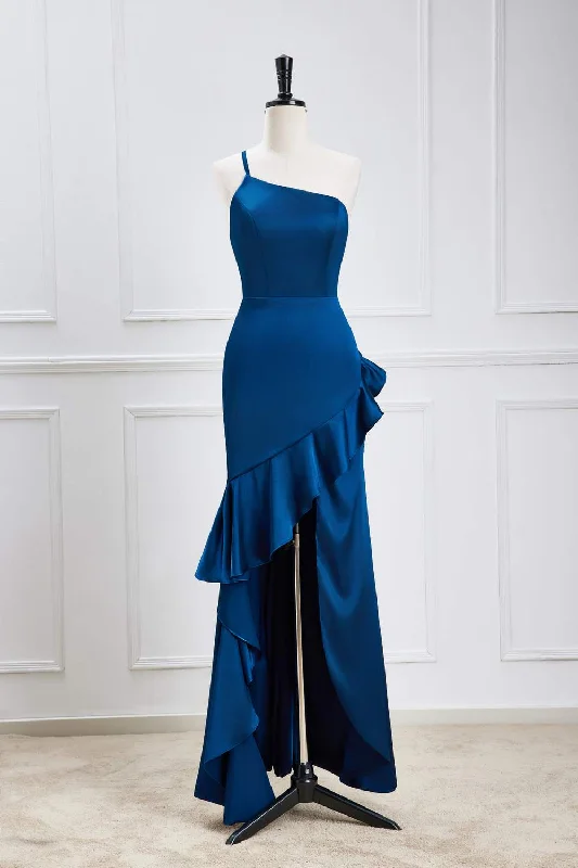 evening dressBlue One Shoulder Ruffled Mermaid Hi-Low Bridesmaid Dress