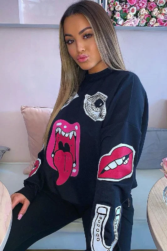 simple pullover sweatshirtBlack Eyes Lips Printed Sweatshirt - Beckie