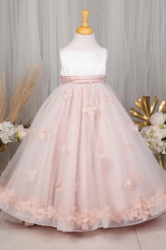 lace dressPink Sleeveless 3D Floral Appliques Long Flower Girl Dress with Sash