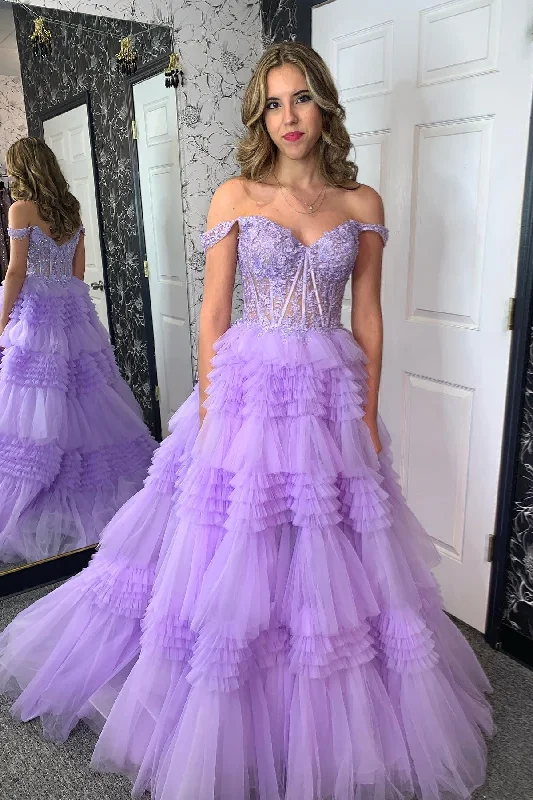 lace-up dressLavender Off-Shoulder Floral A-line Layers Long Prom Dress