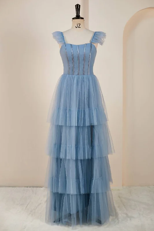 denim dressDusty Blue Flutter Sleeves A-line Multi-Layers Long Prom Dress with Slit