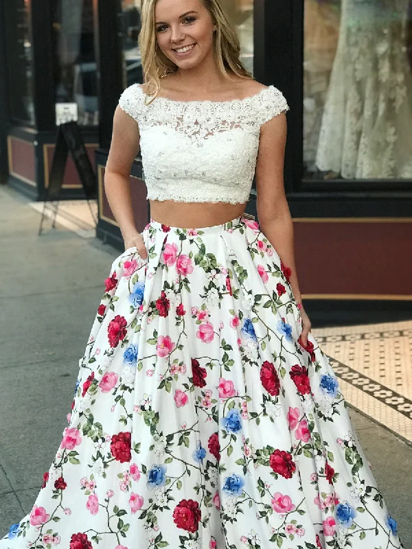 Super Sale Two Piece Prom Dresses Bateau A-line Floral Print Chic Long Prom Dress JKL784 Super Sale Two Piece Prom Dresses Bateau A-line Floral Print Chic Long Prom Dress JKL784