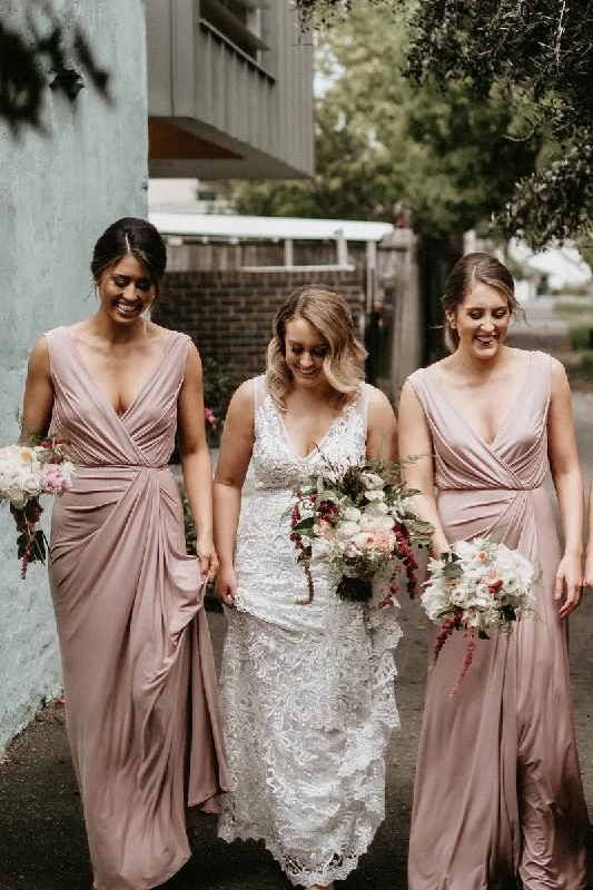 tiered dressElegant V Neck Blush Pink Long Bridesmaid Dress