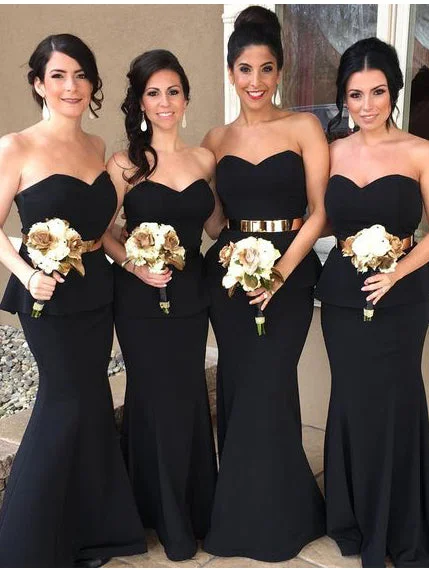 elegant maxi dressStrapless Black Mermaid Long Bridesmaid Dress with Gold Sash