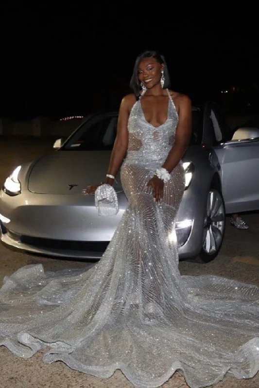 Year-End Clearance Gorgeous Silver Sequins See Through Halter Mermaid Court Train Prom Dresses Year-End Clearance Gorgeous Silver Sequins See Through Halter Mermaid Court Train Prom Dresses