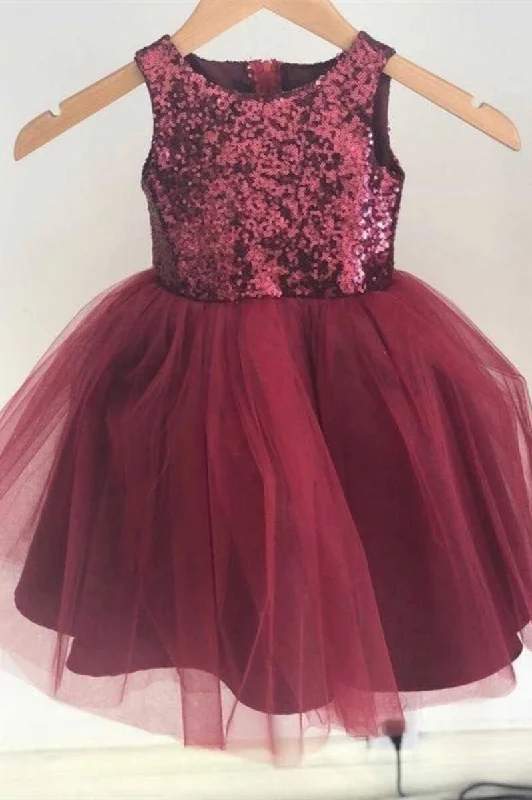 trendy wrap dressBurgundy Sequins Rounded Neck Flower Girl Dress